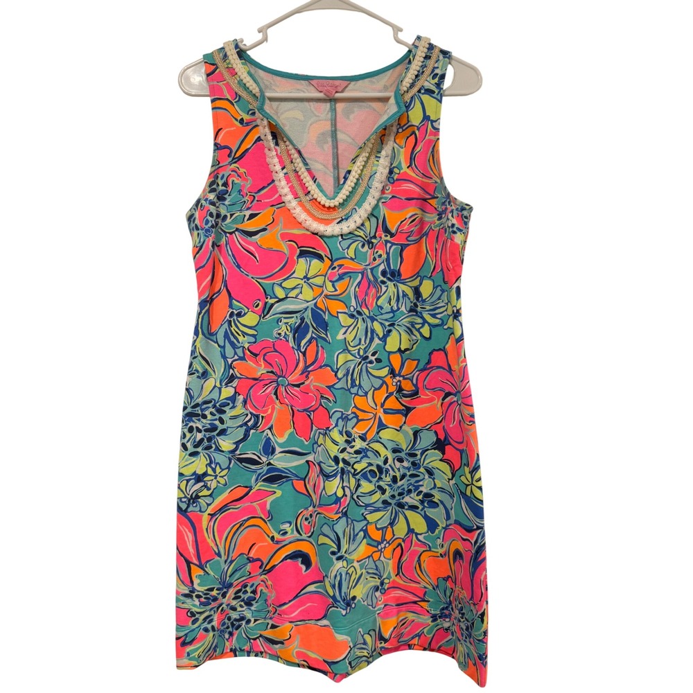 Lilly Pulitzer Womens Floral Embellished V-Neck Shift Dress Pink Orange Small